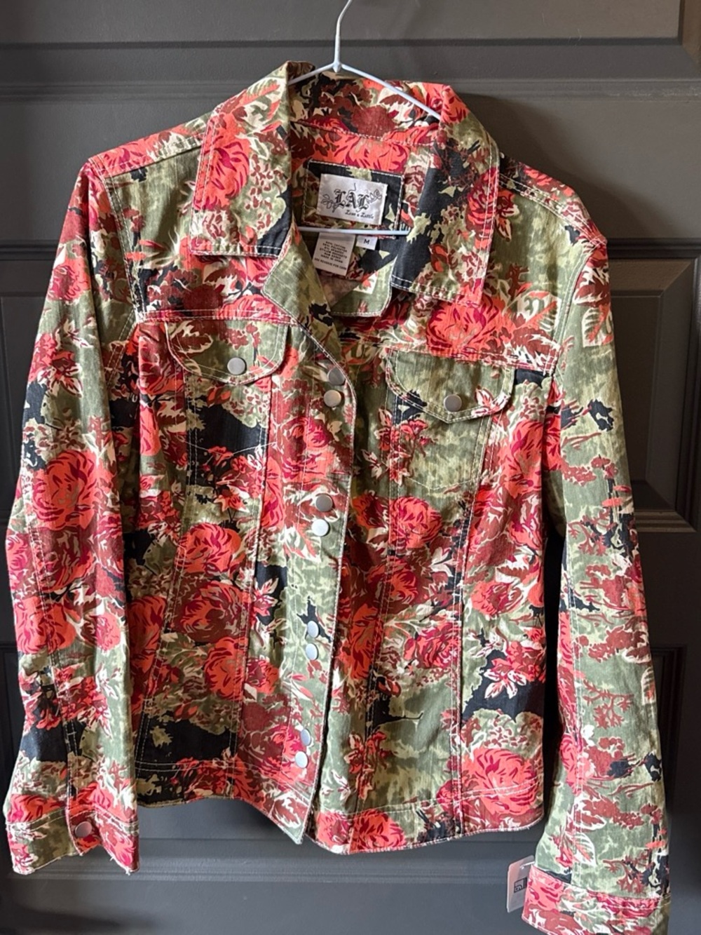 Live a Little (LAL) Floral Print Denim Jacket - Olive / Red - Size M